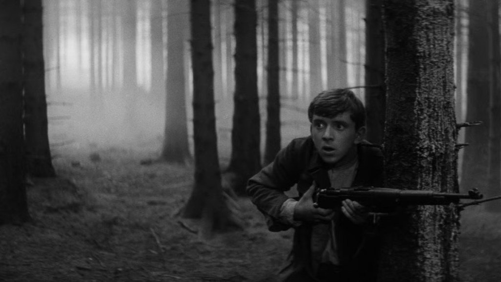 Hans peers fearfully between the trees with rifle in hand in Coach to Vienna